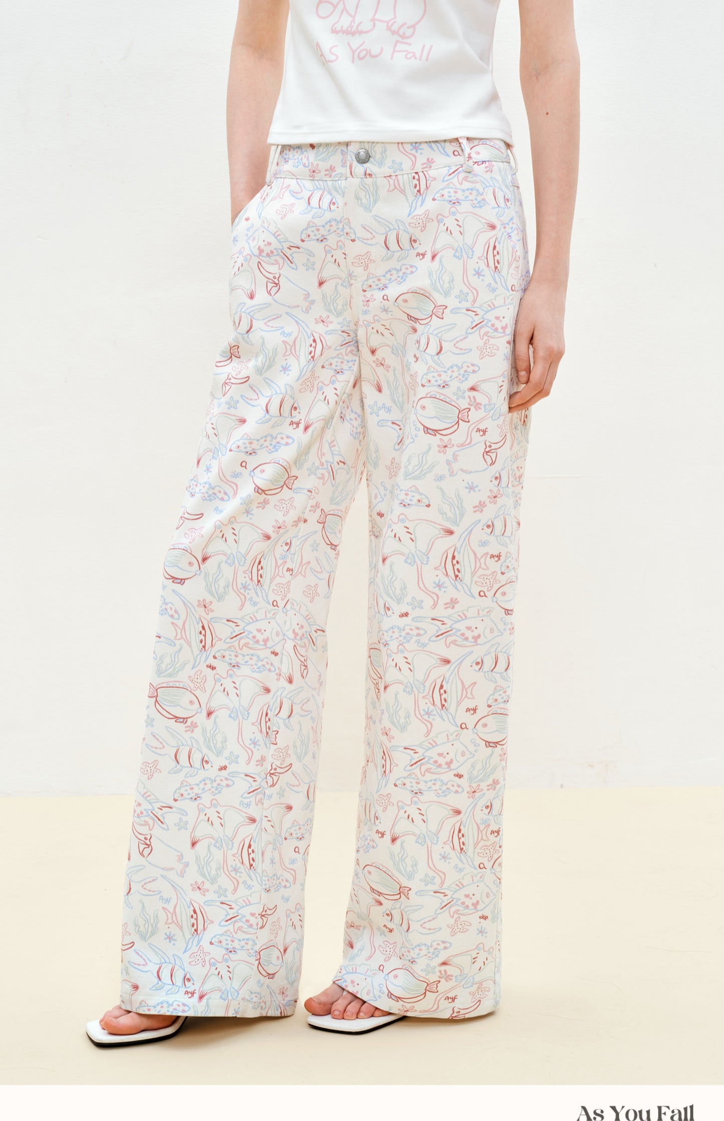 Aquatic Fish Illustration Wide-Leg Pants