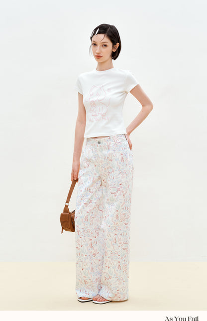 Aquatic Fish Illustration Wide-Leg Pants