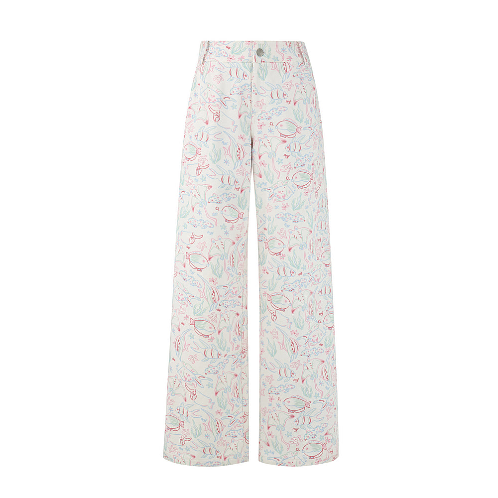 Aquatic Fish Illustration Wide-Leg Pants