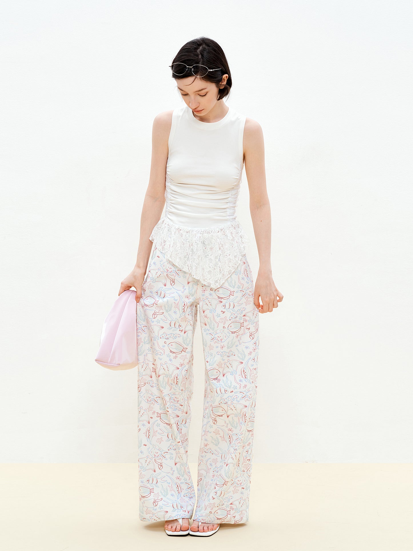 Aquatic Fish Illustration Wide-Leg Pants