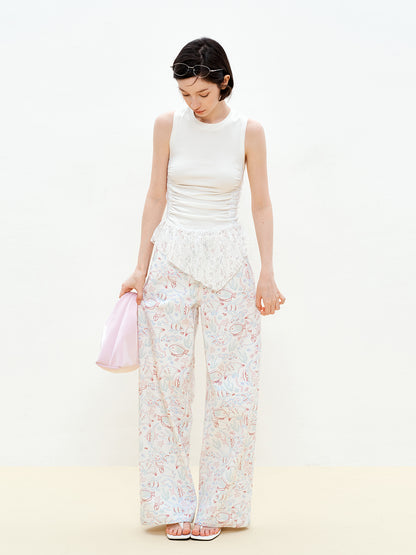 Aquatic Fish Illustration Wide-Leg Pants