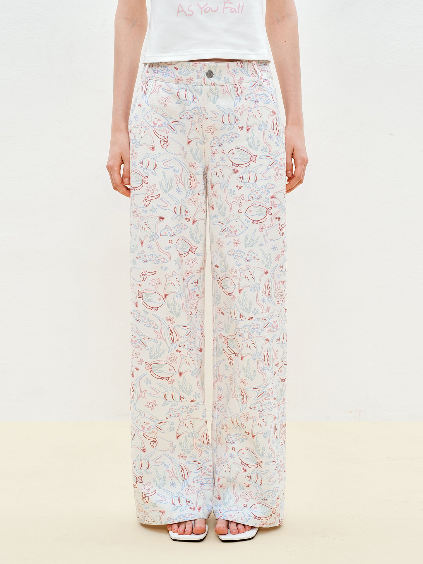 Aquatic Fish Illustration Wide-Leg Pants