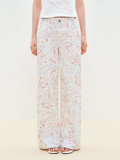Aquatic Fish Illustration Wide-Leg Pants