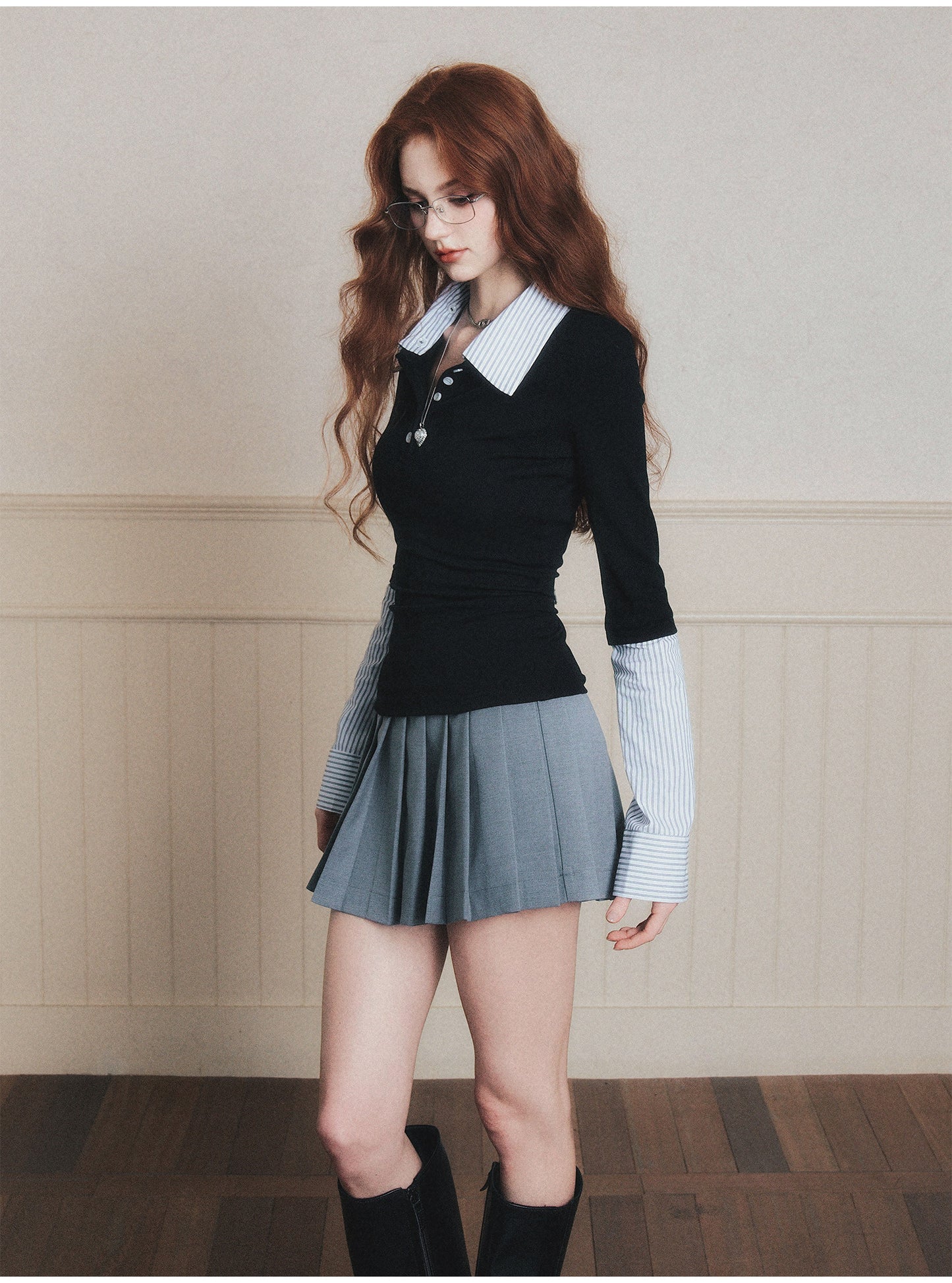 Layered-Look Striped Half-Button Shirt