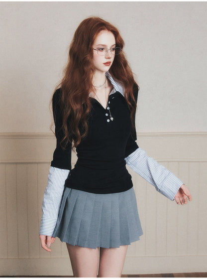 Layered-Look Striped Half-Button Shirt