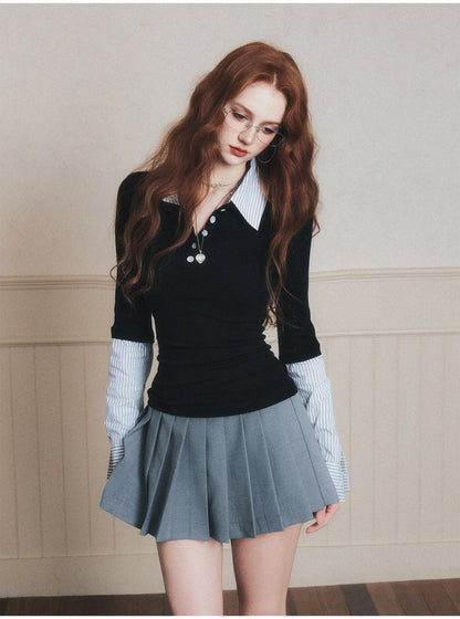 Layered-Look Striped Half-Button Shirt