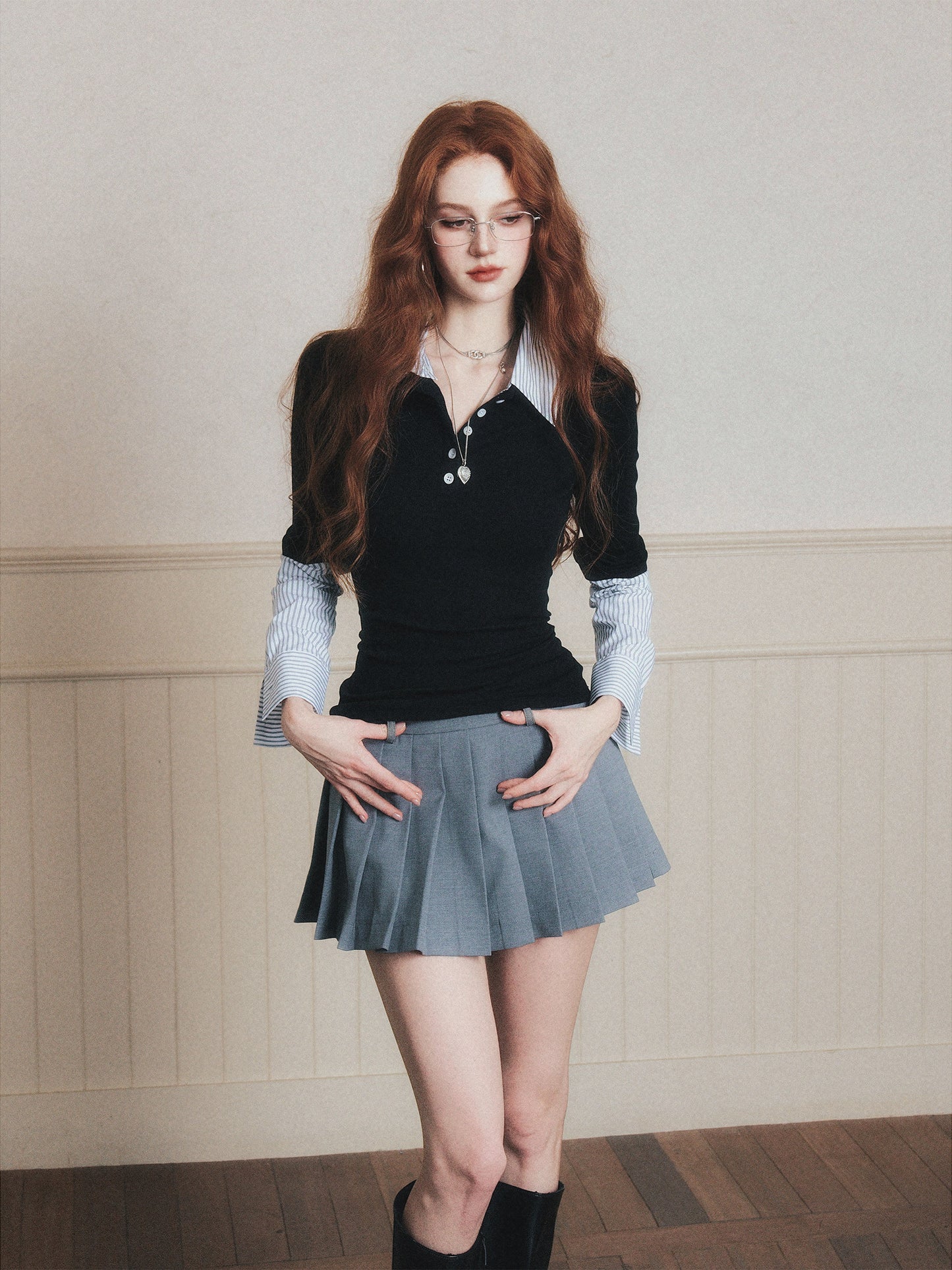 Layered-Look Striped Half-Button Shirt