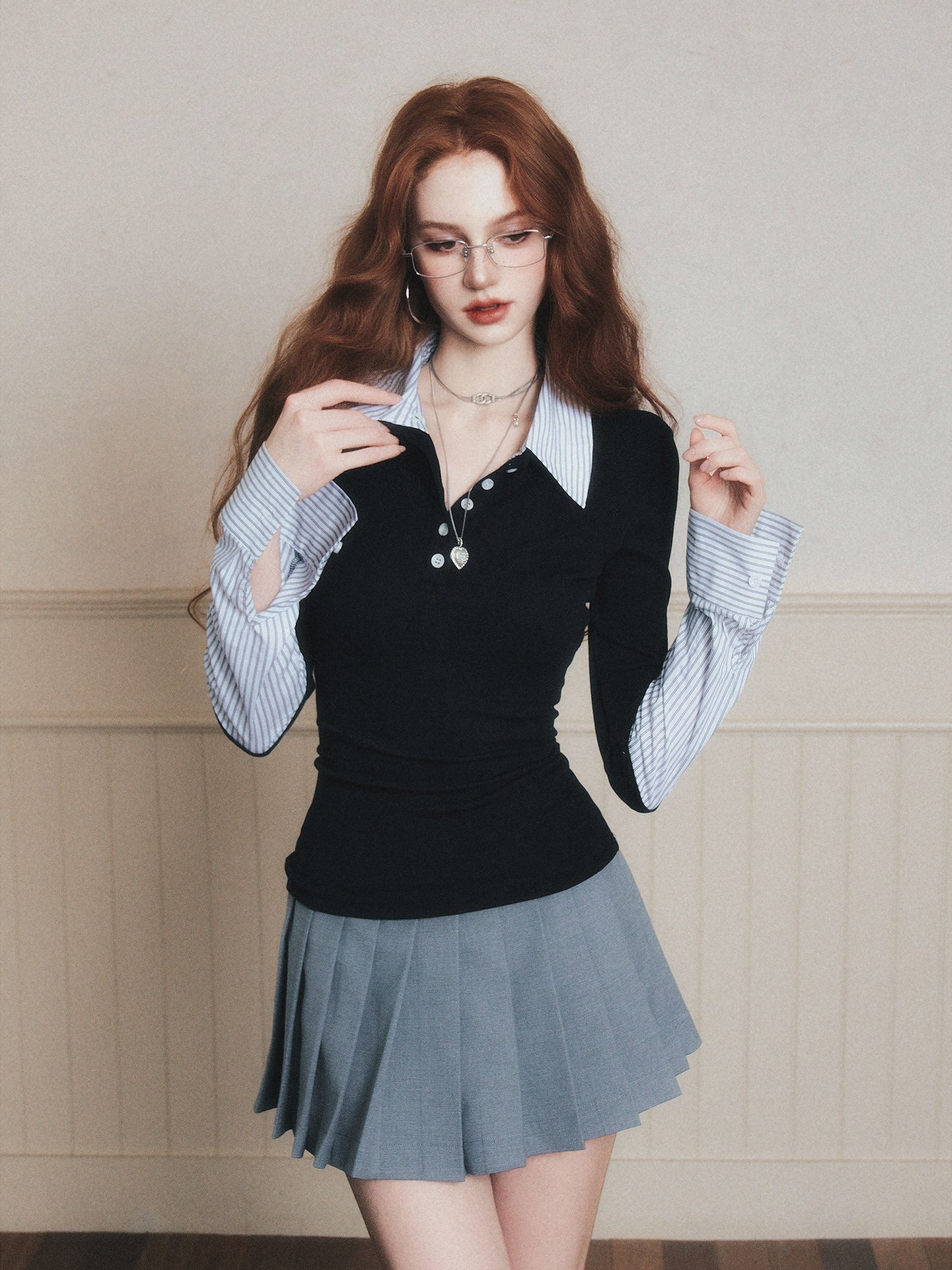 Layered-Look Striped Half-Button Shirt