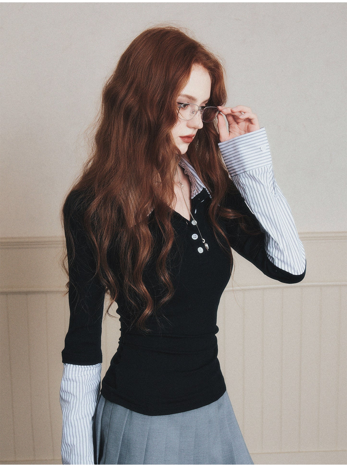 Layered-Look Striped Half-Button Shirt