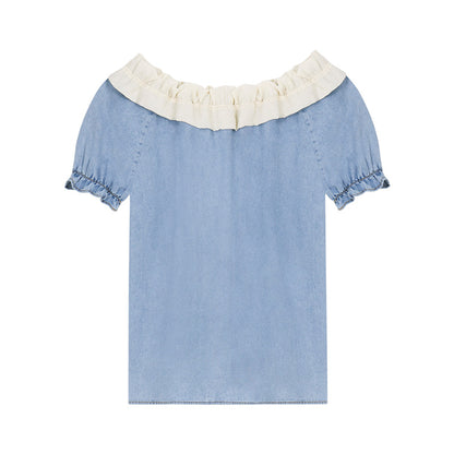 Washed Denim Two-Way Shoulder Top With Ruffled Neck