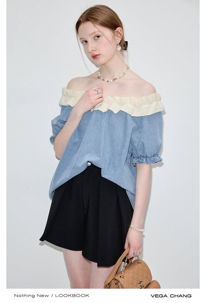 Washed Denim Two-Way Shoulder Top With Ruffled Neck