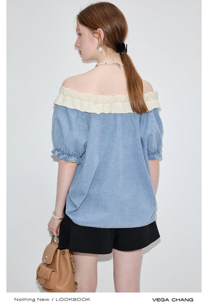 Washed Denim Two-Way Shoulder Top With Ruffled Neck