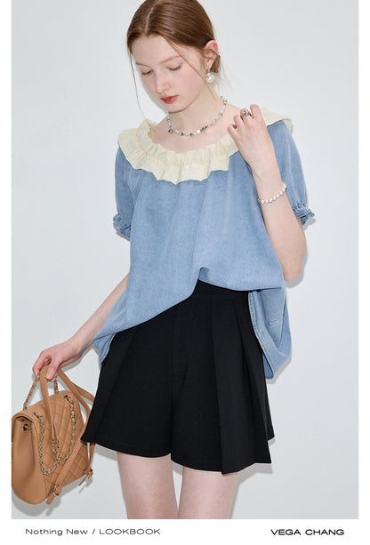 Washed Denim Two-Way Shoulder Top With Ruffled Neck