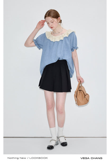 Washed Denim Two-Way Shoulder Top With Ruffled Neck
