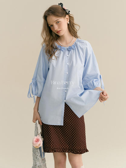 Flower-Adorned Blouse With 3/4 Sleeves