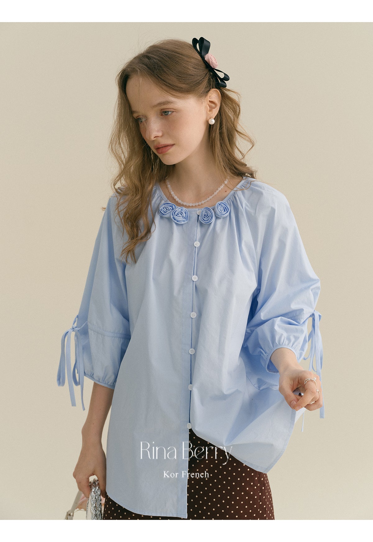 Flower-Adorned Blouse With 3/4 Sleeves