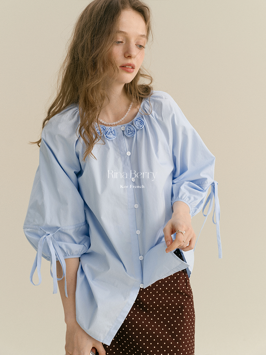 Flower-Adorned Blouse With 3/4 Sleeves