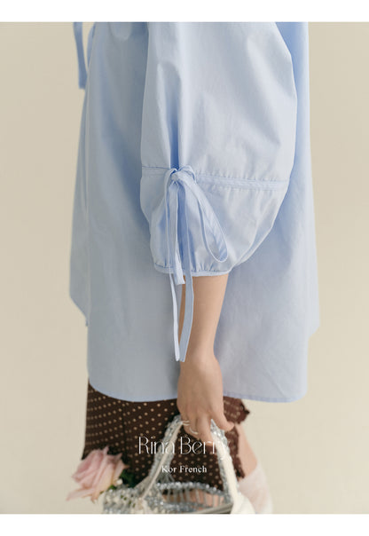 Flower-Adorned Blouse With 3/4 Sleeves