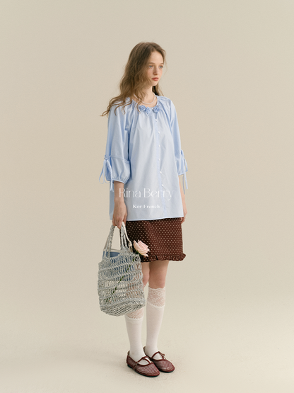 Flower-Adorned Blouse With 3/4 Sleeves