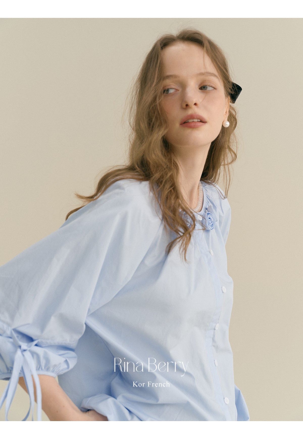 Flower-Adorned Blouse With 3/4 Sleeves