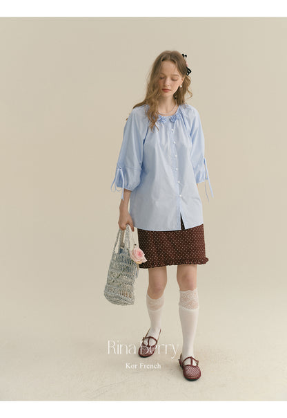 Flower-Adorned Blouse With 3/4 Sleeves