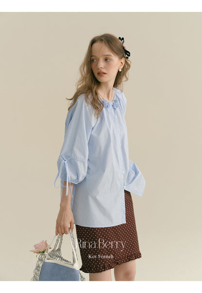 Flower-Adorned Blouse With 3/4 Sleeves