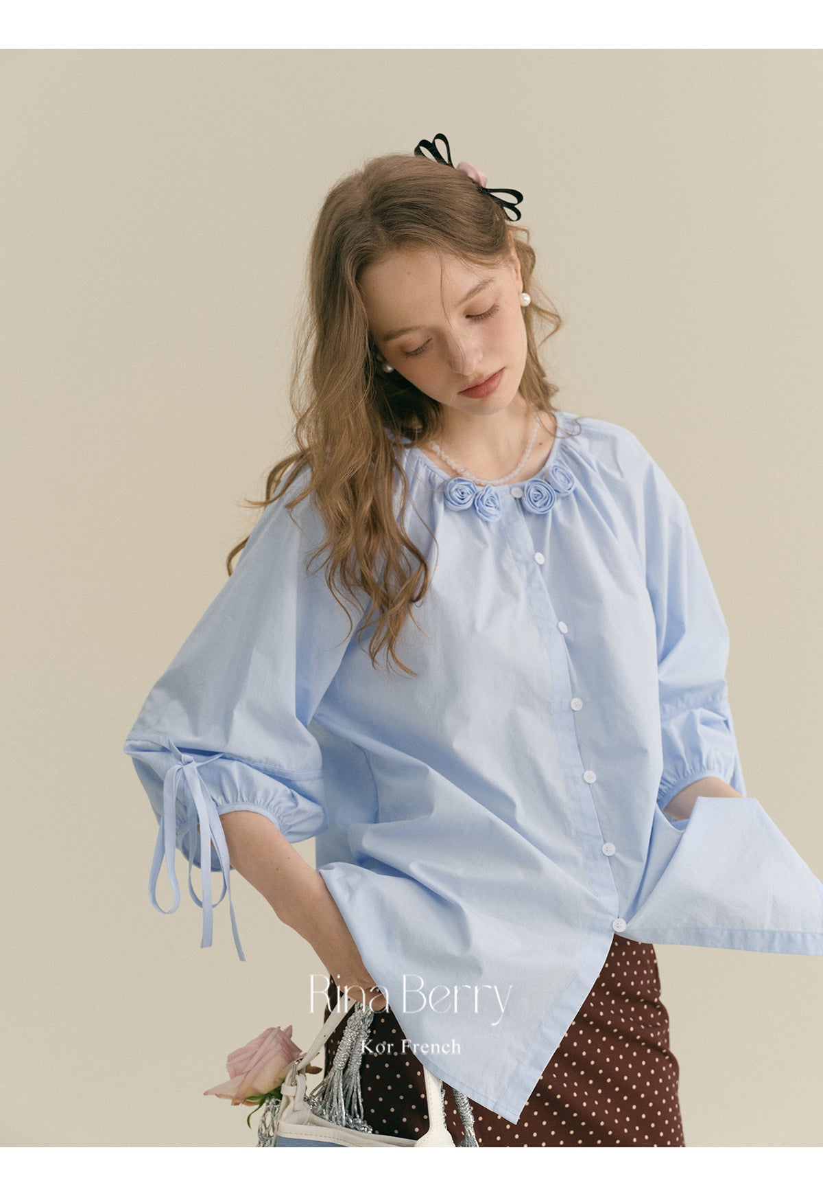 Flower-Adorned Blouse With 3/4 Sleeves