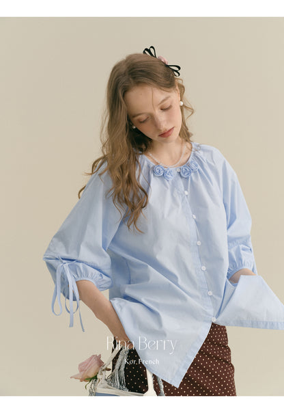 Flower-Adorned Blouse With 3/4 Sleeves