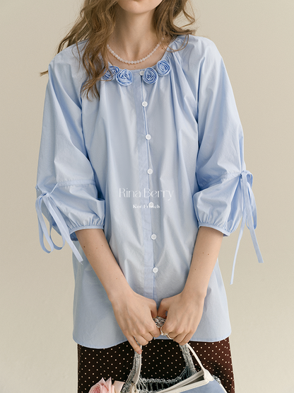 Flower-Adorned Blouse With 3/4 Sleeves