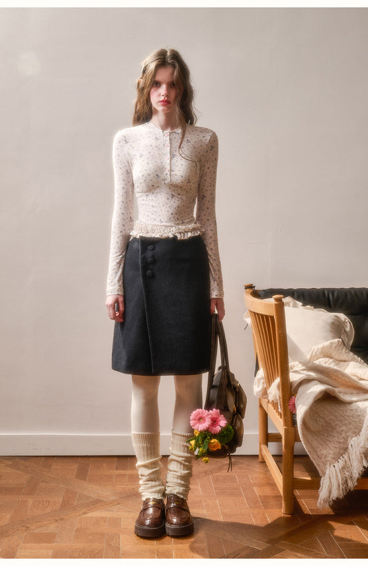 Wool Blend Button Wrap Skirt