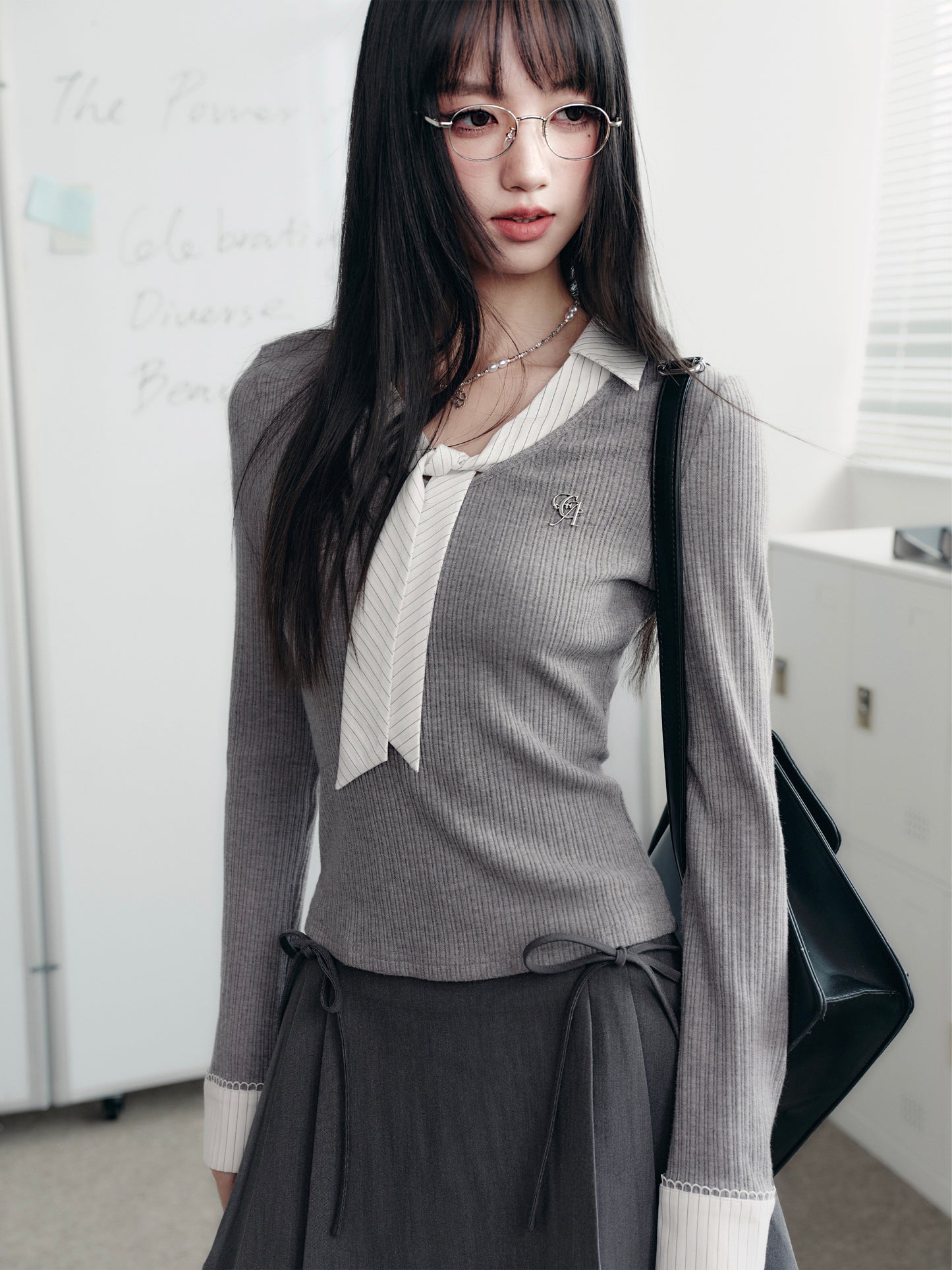 Tie-Neck Faux Layered Rib Knit Top