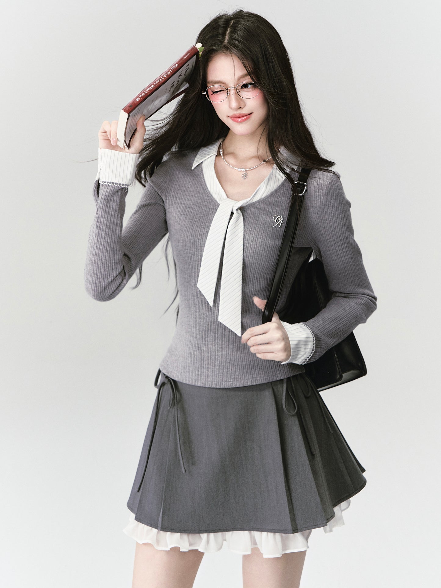 Tie-Neck Faux Layered Rib Knit Top