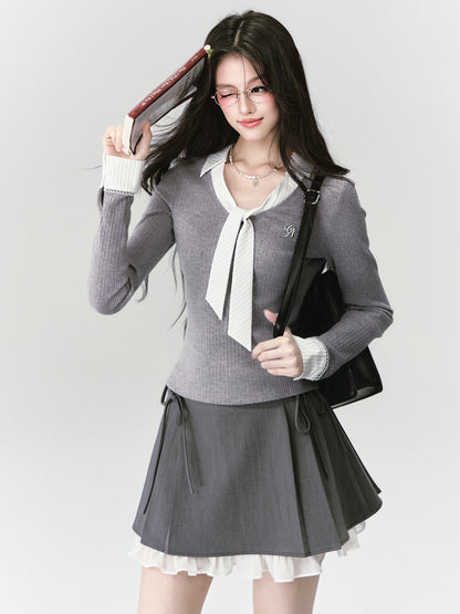 Tie-Neck Faux Layered Rib Knit Top