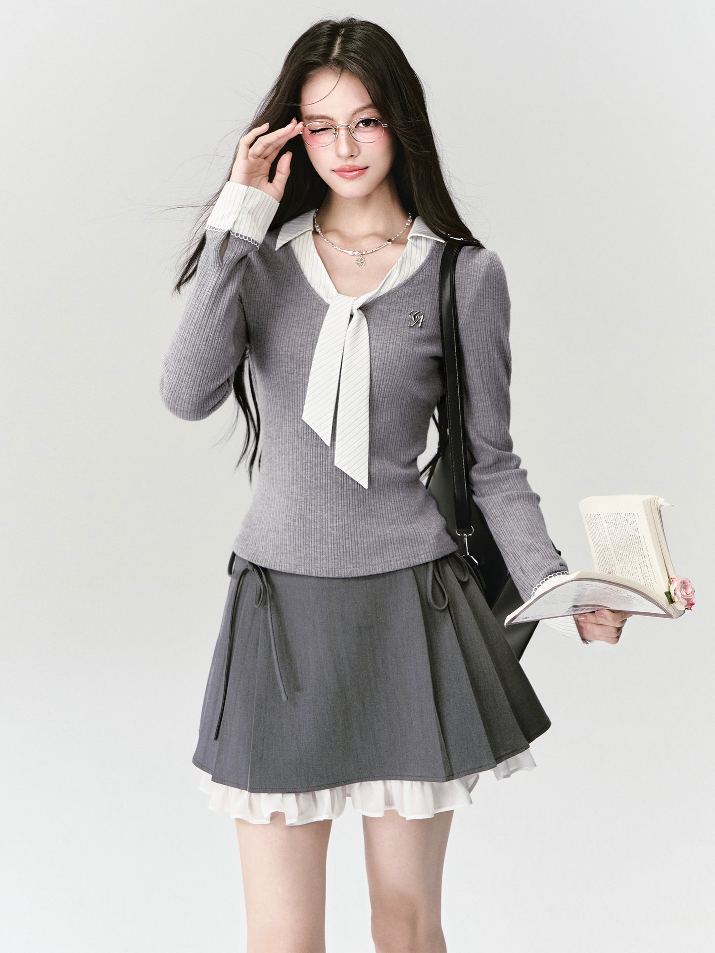 Tie-Neck Faux Layered Rib Knit Top