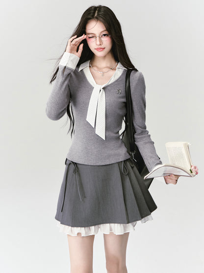 Tie-Neck Faux Layered Rib Knit Top