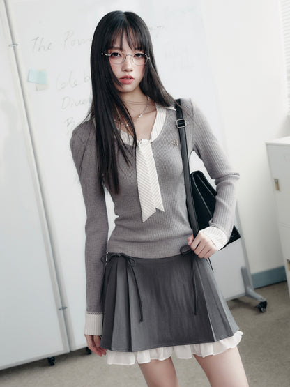 Tie-Neck Faux Layered Rib Knit Top