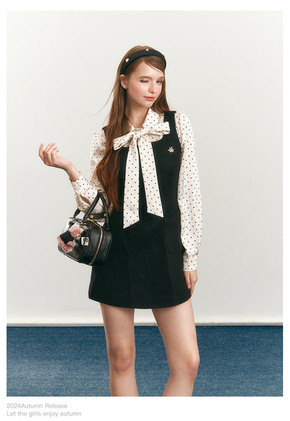 Dotted Tie-Neck Blouse & Sleeveless A-Line Dress
