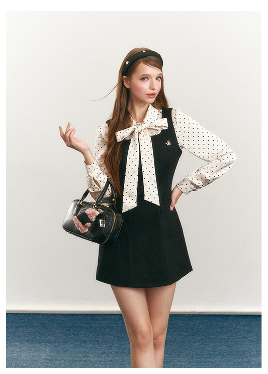 Dotted Tie-Neck Blouse & Sleeveless A-Line Dress