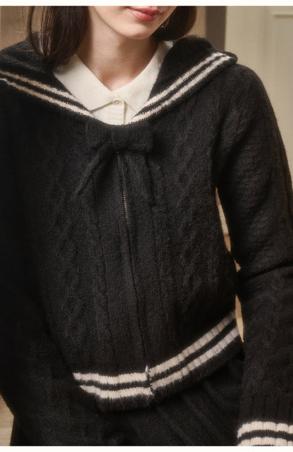 Preppy Cable Knit Zip-Up Top & Pleated Skirt