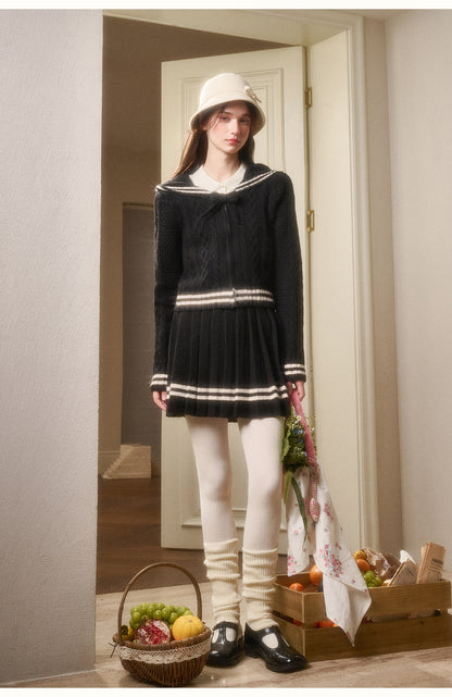 Preppy Cable Knit Zip-Up Top & Pleated Skirt