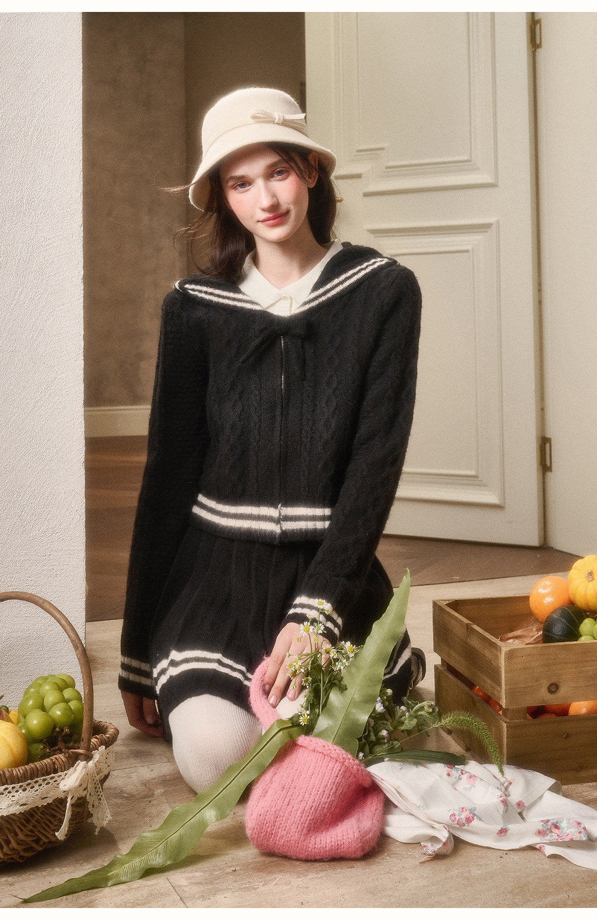 Preppy Cable Knit Zip-Up Top & Pleated Skirt