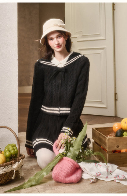 Preppy Cable Knit Zip-Up Top & Pleated Skirt