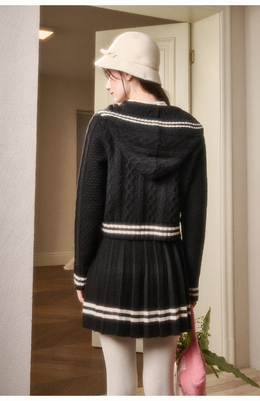 Preppy Cable Knit Zip-Up Top & Pleated Skirt