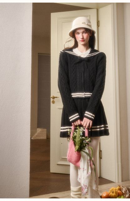 Preppy Cable Knit Zip-Up Top & Pleated Skirt