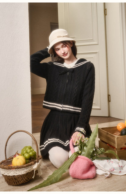 Preppy Cable Knit Zip-Up Top & Pleated Skirt