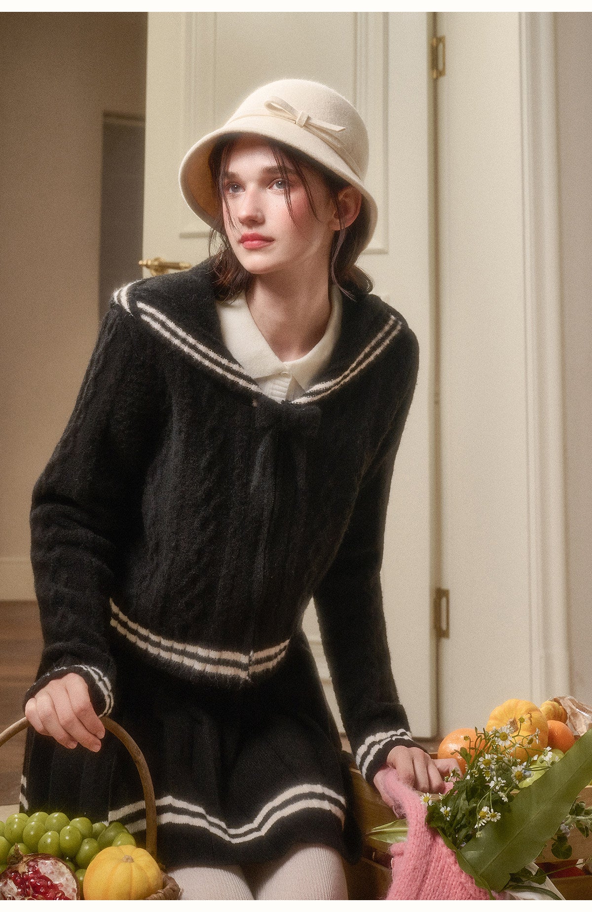 Preppy Cable Knit Zip-Up Top & Pleated Skirt