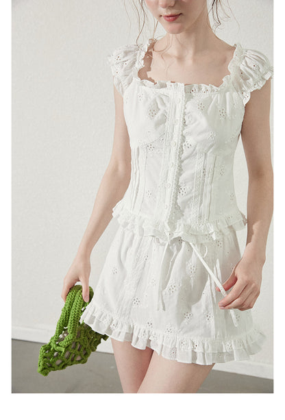 Cotton Lace Square Neck Blouse & Ruffled Mini Skirt