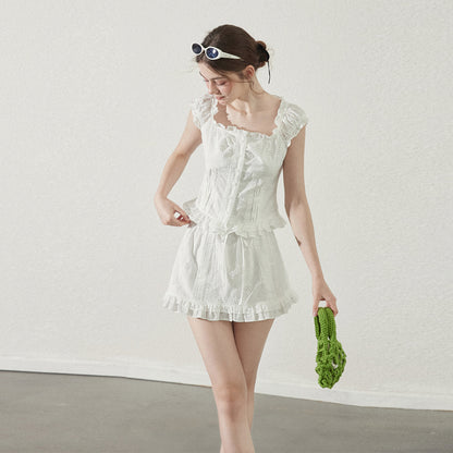 Cotton Lace Square Neck Blouse & Ruffled Mini Skirt