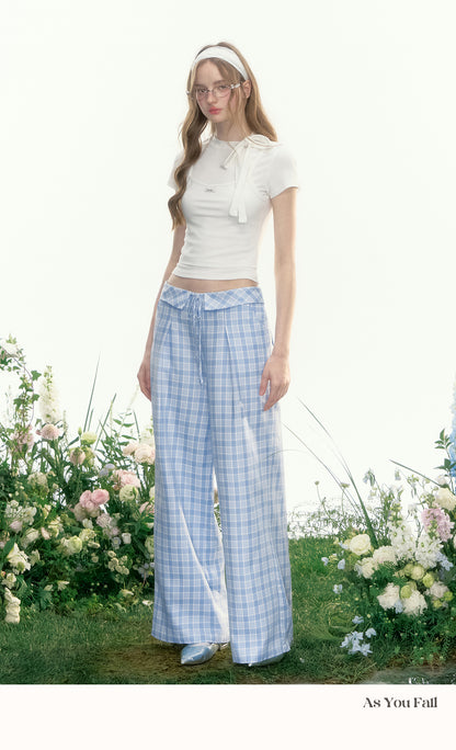 Plaid Wide-Leg Trousers With Foldover Waist