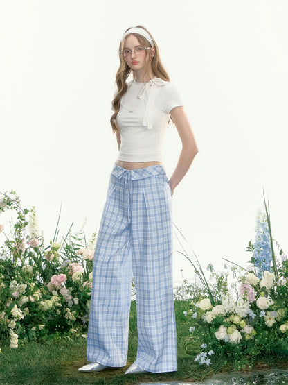 Plaid Wide-Leg Trousers With Foldover Waist